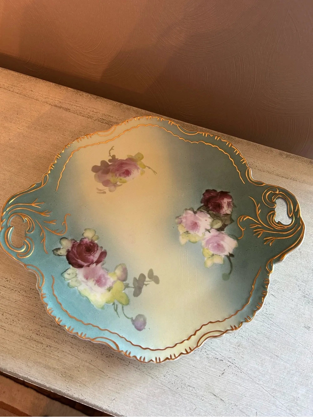 Hand-Painted Floral Ceramic Serving Platter in Teal and Pink